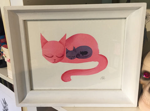 Kitty Watercolor of 3 generations of cats inside each other like they are pregnant. Largest cat is pink in a white frame