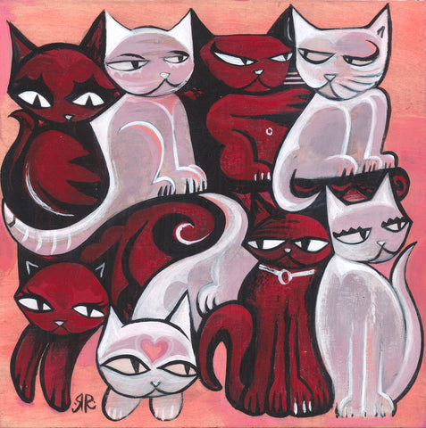 This is an original acrylic painting on wood by Emily the Strange Creator Rob Reger. It features alternating black and white cats all puzzle pierced together with various expressive eyes. It measures 8" x 8" and is signed by the artist. 