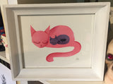 Kitty Watercolor of 3 generations of cats inside each other like they are pregnant. Largest cat is pink in a white frame