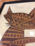 Lupa Cat is an ORIGINAL ballpoint pen ink drawing with white acrylic paint background on a dark brown cardboard. Signed by the artist in a vintage frame (some aging / wear may be seen on frame).  This is a detail of the piece