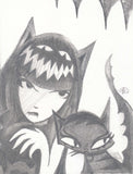 black and white graphite drawing of Emily the Strange with cat ears and eyes in her hair above the shine. her hand is claw-like and she has fangs. next to her is a cat with curly eyebrows, fancy eyeliner, and a spiky tail. 4 stalactites hang above them.