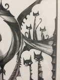 detail shot of the right side of the portrait. a twisty vine scoops around the left side of the images a kitty with strong eyebrows hangs like a bat from the bottom. and another one joins it crossing the middle of the section. three kitties sit on top of this horizontal vine. the one in the center is very tall the the one on the right is short and stripes. all 3 have curled tails. below the vine are 2 kitty heads on top of staircases and to the left of them is a horned branch.