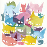 watercolor painting on textured paper, 11 stylized cat heads overlapping in different colors, 9 small stylized cat silhouettes nap and play among the heads