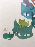 detail shot of the bottom left of the painting showing a small dark green cat laying under Rob Reger's signature, a large green cat head with a small, yellow-green cat lounging in top of it, and two blue cat heads above it to the right, cut off by the edge of the photo