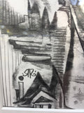 detail shot of the bottom left of the piece. shows Rob's signature above a small house-like shape. to the left are vertical stripes and to the right and top are horizontal stripes.
