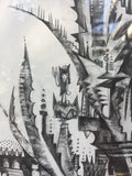 detail shot of an upper left portion of the piece. Emily with cat ears stands atop a glamorous cat sculpture which is in front of turrets with floating orbs, and behind some pincer-like structures.