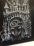 bottom third of the painting. to the left of the gate are three fancy pillars and something that looks kind of like a gravestone peeking out from the back. towers frame the sides of the gate