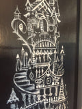 detail shot of the middle third of the painting. on the roof of the eye trellis sits a striped and grumpy looking cat. above that are 2 rows of pillars. the silhouettes between the top row look like cats. above that is the opening door guarded by cats
