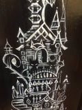 detail shot of the middle of the tower. the eye trellis and the spiral staircase are at the bottom of the shot. above the stairs a thorny vine-like path curls into a lamp and a gazebo sits at the top of the curl. the main building has an arched doorway. the door is creaking open and it has a cat head decal on top of it. 2 large cats sit in front of the door, guarding it. above that, peaked rooftopsand the bottom of the tallest tower which is out of frame