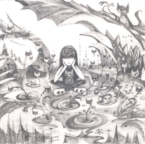 Emily sits cross-legged with her head resting in her hands and one eye open in a fanciful bog blooming with kitty plants. a large rock formation juts out over emily's head and the bottom of the drawing is lined with spiky grasses.