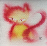 seated yellow cat in watercolor with red outlines and tail. mildly grumpy expression and swirly tail. signed in bottom right