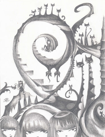 graphite drawing. one big staircase vine creates a spiral in the center of the page. a row of kitties sit on top. three Emily heads peek up from the bottom and on the right are more kitties and pillars of stairs. signed in the bottom left quadrant.