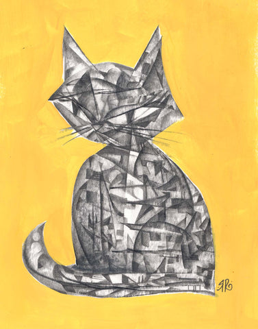 layered graphite drawing of  a cat sitting upright  with  a mosaic-like texture of various angles and curves. the background is painted bold yellow and the image is signed by Rob Reger